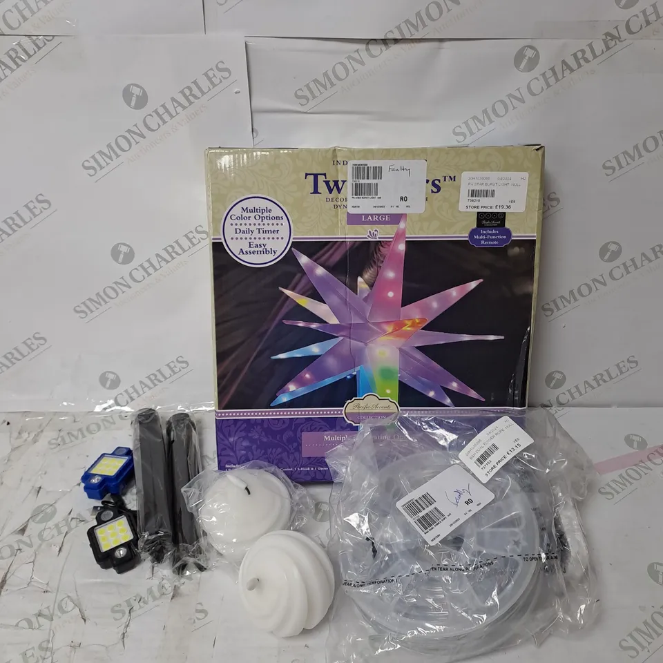 BOX OF 4 ASSORTED FAULTY LIGHTING ITEMS TO INCLUDE BELL&HOWELL LIGHTROPE, PACIFIC ACCENTS STAR BURSTS LIGHT AND KELLY HOPPEN FLAMELESS CANDLES ETC
