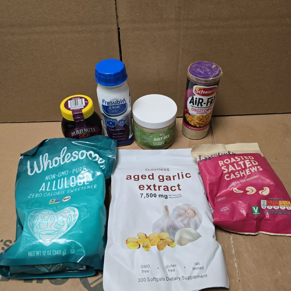 APPROXIMATELY 10 ASSORTED FOOD/DRINK PRODUCTS TO INCLUDE AGED GARLIC EXTRACT, CASHEWS, JUST BEE HONEY ETC 