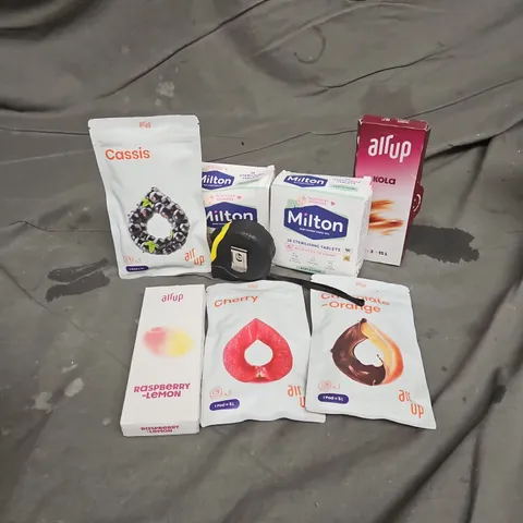 APPROXIMATELY 12 ASSORTED HOUSEHOLD ITEMS TO INCLUDE AIR UP CASSIS PODS, TAPE MEASURE, MILTON STERILISING TABLETS, ETC