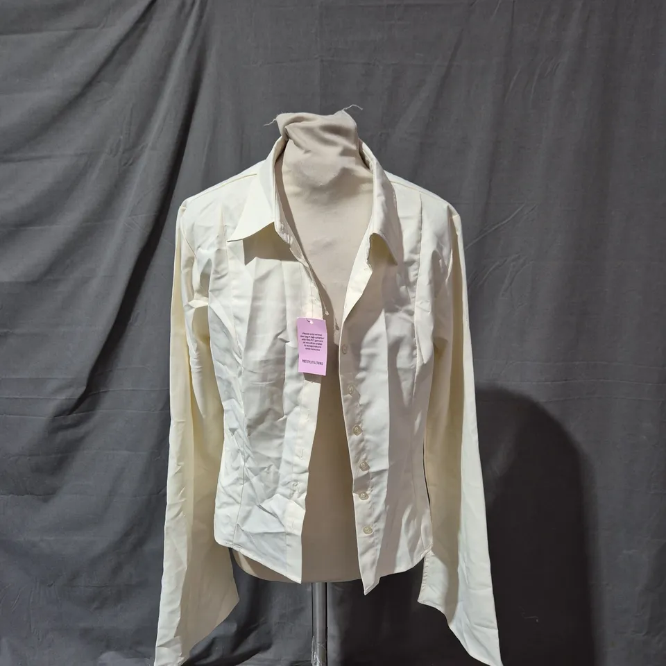PRETTYLITTLETHING CREAM BUTTON-DOWN SHIRT, UK 12 (EU 40, US 8)