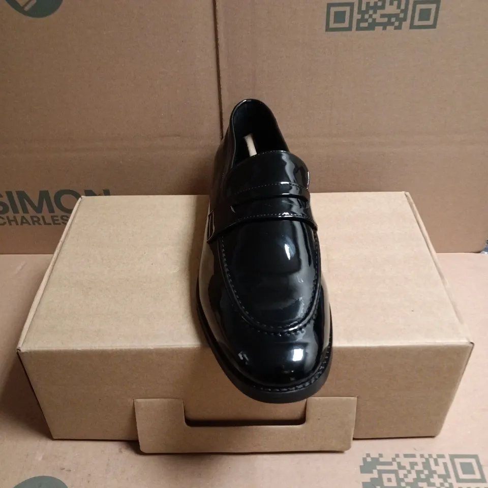 BOXED PAIR OF MOSS BLACK PATENT LOAFERS - 8