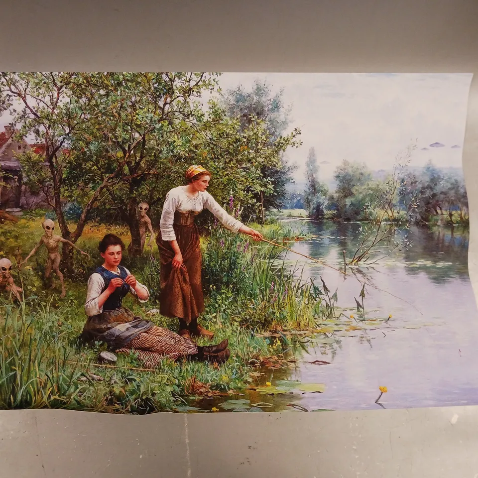 PAIR OF ALIEN VINTAGE ART PRINTS TO INCLUDE 'CATCH OF THE DAY', AND 'ALIEN ABDUCTION' - ARTIST UNCREDITED