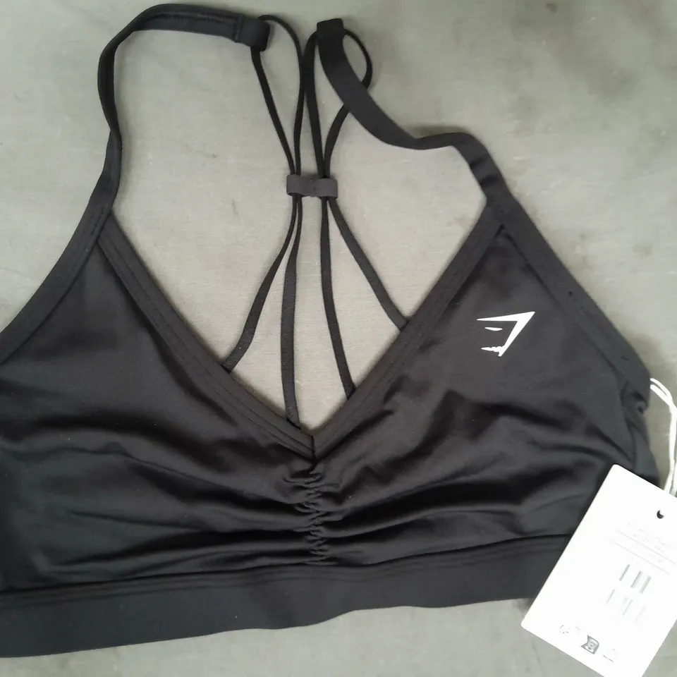 GYM SHARK RUCHED STRAPPY SPORTS BRA IN BLACK SIZE SMALL