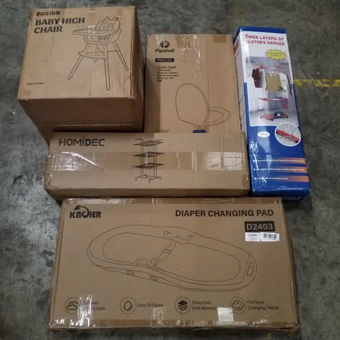 PALLET CONTAINING ASSORTED PRODUCTS INCLUDING BABY HIGH CHAIR, TOILET SEAT, 3 LAYER CLOTHES HANGER, CLOTHES AIRER & DIAPER CHANGING PAD