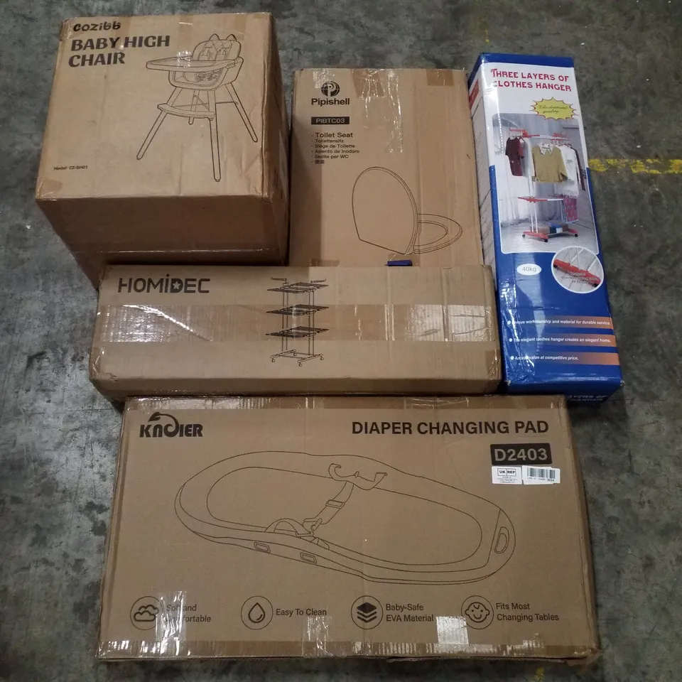 PALLET CONTAINING ASSORTED PRODUCTS INCLUDING BABY HIGH CHAIR, TOILET SEAT, 3 LAYER CLOTHES HANGER, CLOTHES AIRER & DIAPER CHANGING PAD