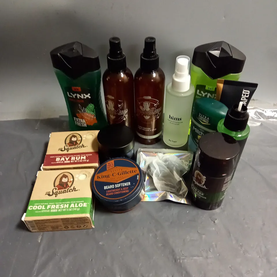 APPROXIMATELY 12 ASSORTED COSMETIC PRODUCTS TO INCLUDE - DAPPER DAN SEA SALT SPRAY - MANSCAPED CROP SOOTHER - MITCHUM DEODORANT - ETC 