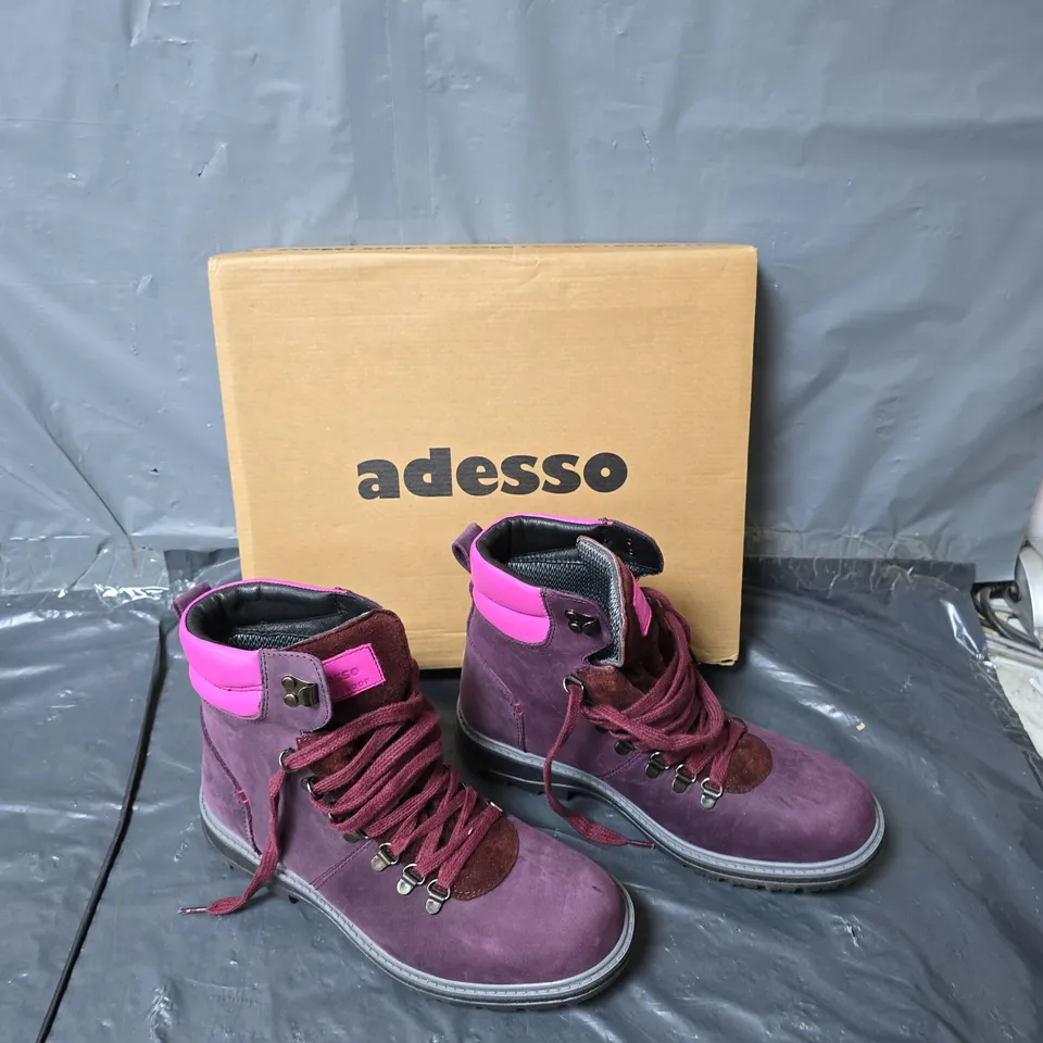 BOXED PAIR OF ADESSO WATERPROOF MAGENTA HIKING BOOTS SIZE 40