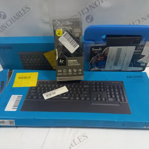 APPROXIMATELY 30 ASSORTED ELECTRICALS ITEMS TO INCLUDE RAPOO KEYBOARDS, KITSOUND EARPHONES, TRENDZ KIDS TABLET CASE, ETC