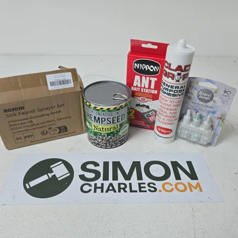 APPROXIMATELY 12 ASSORTED HOUSEHOLD ITEMS TO INCLUDE HEMPSEED, CLAD GRIP GENERAL PURPOSE ADHESIVE, ANT BAIT STATION, ETC