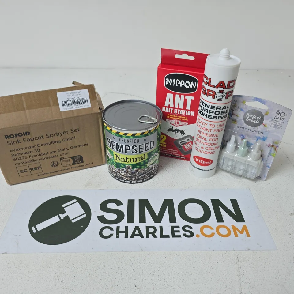 APPROXIMATELY 12 ASSORTED HOUSEHOLD ITEMS TO INCLUDE HEMPSEED, CLAD GRIP GENERAL PURPOSE ADHESIVE, ANT BAIT STATION, ETC