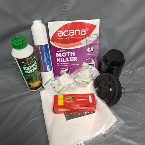 APPROXIMATELY 15 ASSORTED HOUSEHOLD ITEMS TO INCLUDE HANGING MOTH KILLER, BURG WACHTER DOOR CLOSER, WATER FILTER, ETC