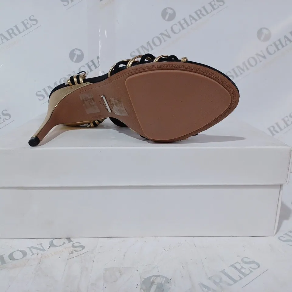 BOXED PAIR OF REISS CASSIDY STRAPPY SUEDE HEELS IN BLACK/GOLD SIZE 5