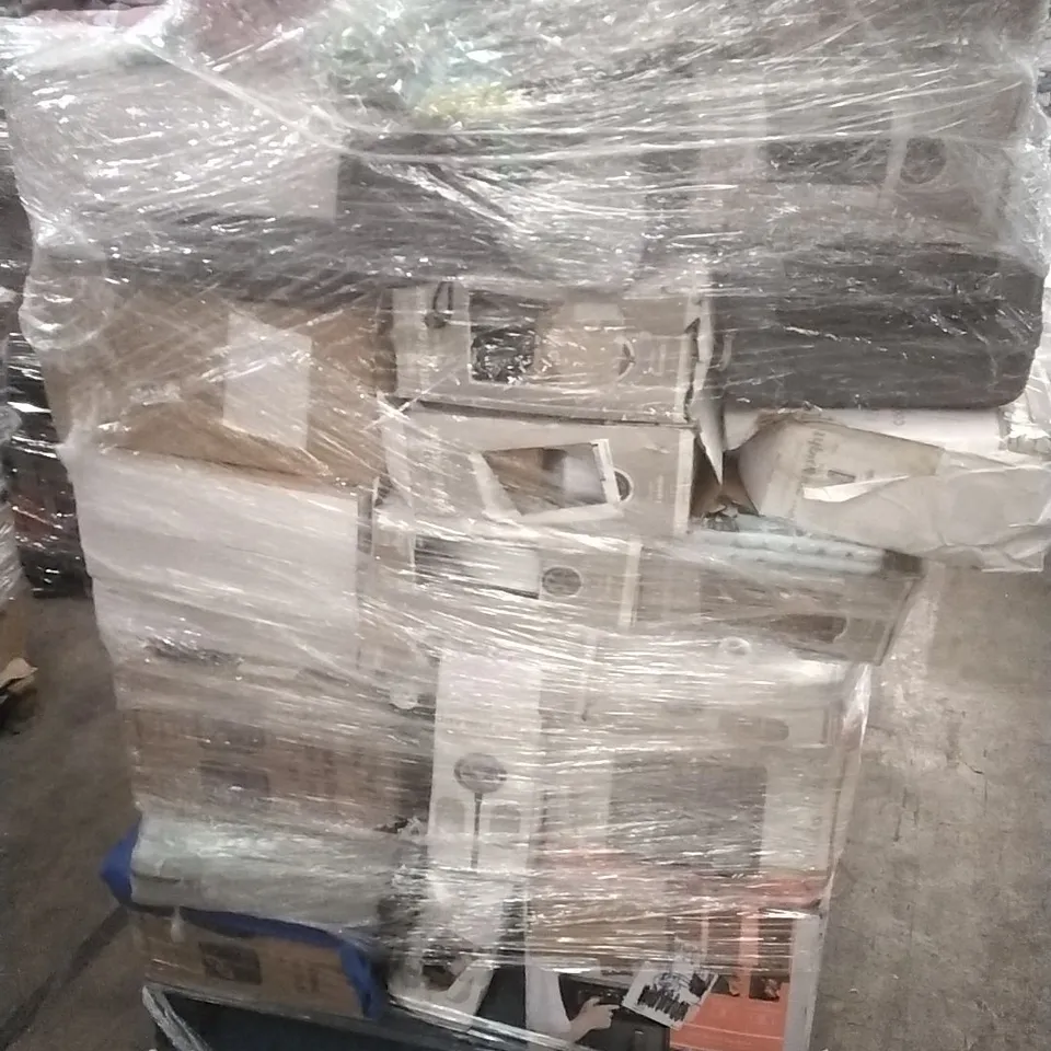 PALLET CONTAINING A LARGE QUANTITY OF ASSORTED HOUSEHOLD GOODS WHICH INCLUDE; AIRFRYERS, FANS, DUMBELL SET, FOLDABLE FIRE PIT, PARASOL BASE ETC