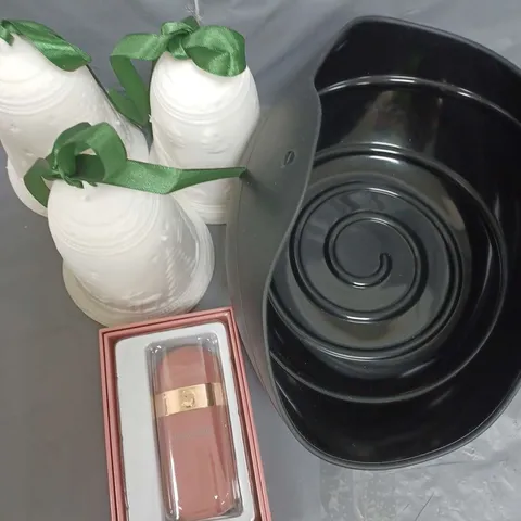 BOX OF APROX 10 ITEMS TO INCLUDE SILICONE BREAD BOWL - SIMPLY BEAUTY - PORCELAIN BELLS / COLLECTION ONLY