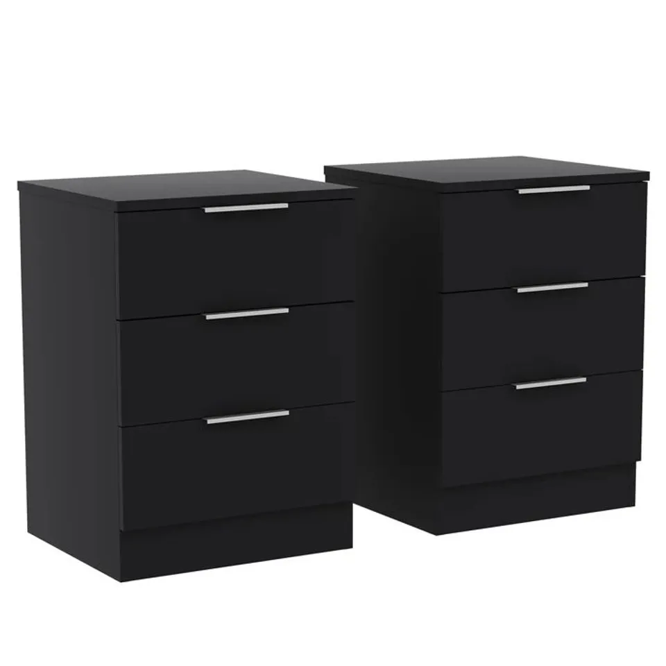 BOXED VIDA DESIGNS TREGA 3 DRAWER BEDSIDE CHEST SET OF 2 - BLACK (2 BOXES