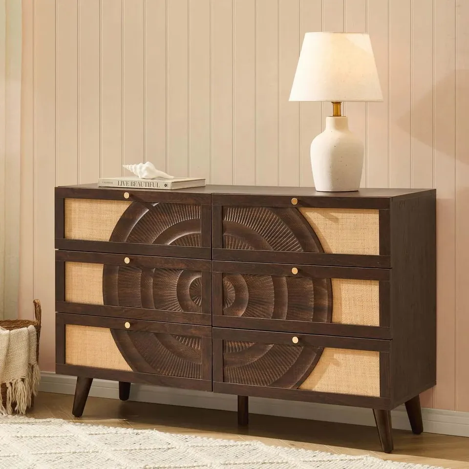 BOXED DUSK RAVEN RATTAN 6 DRAWER CHEST - WALNUT (1 BOX)
