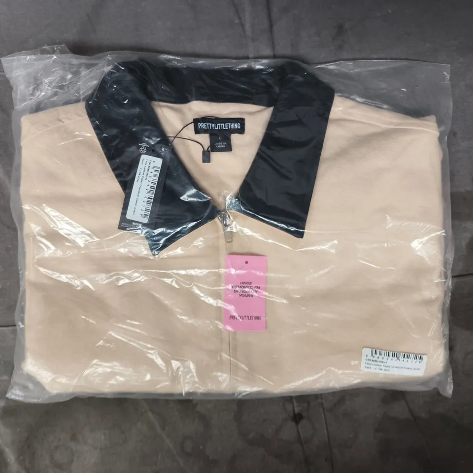 BAGGED PRETTY LITTLE THING FAUX LEATHER COLLAR OVERSIZED COTTON JACKET IN SAND SIZE LARGE