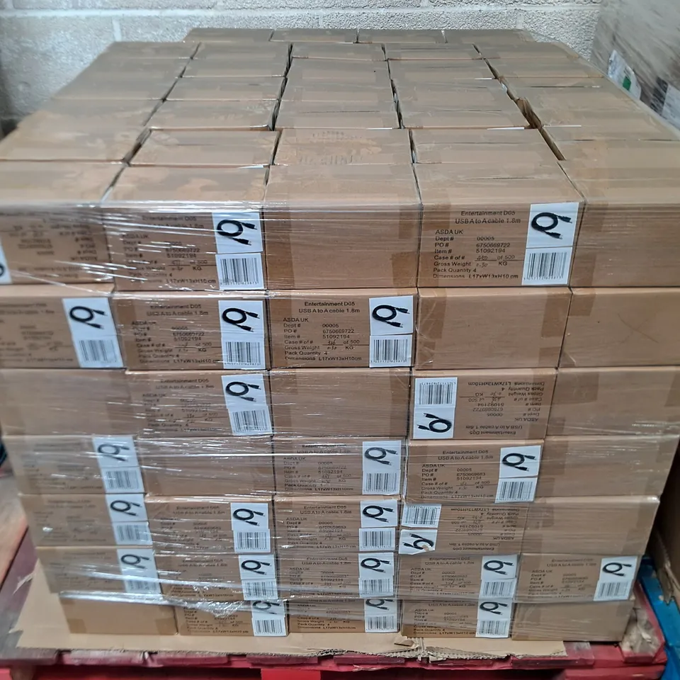 PALLET CONTAINING APPROXIMATELY 235 4-PACKS OF BRAND NEW USB-A TO USB-A 1.8M CABLES