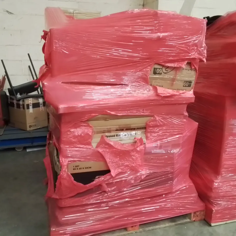 PALLET OF ASSORTED ITEMS TO INCLUDE: CANON WIRELESS PRINTER, HOLLYWOOD MAKEUP MIRROR, GAMING CHAIR, STORAGE DRAWERS, PAPER SHREDDER ECT