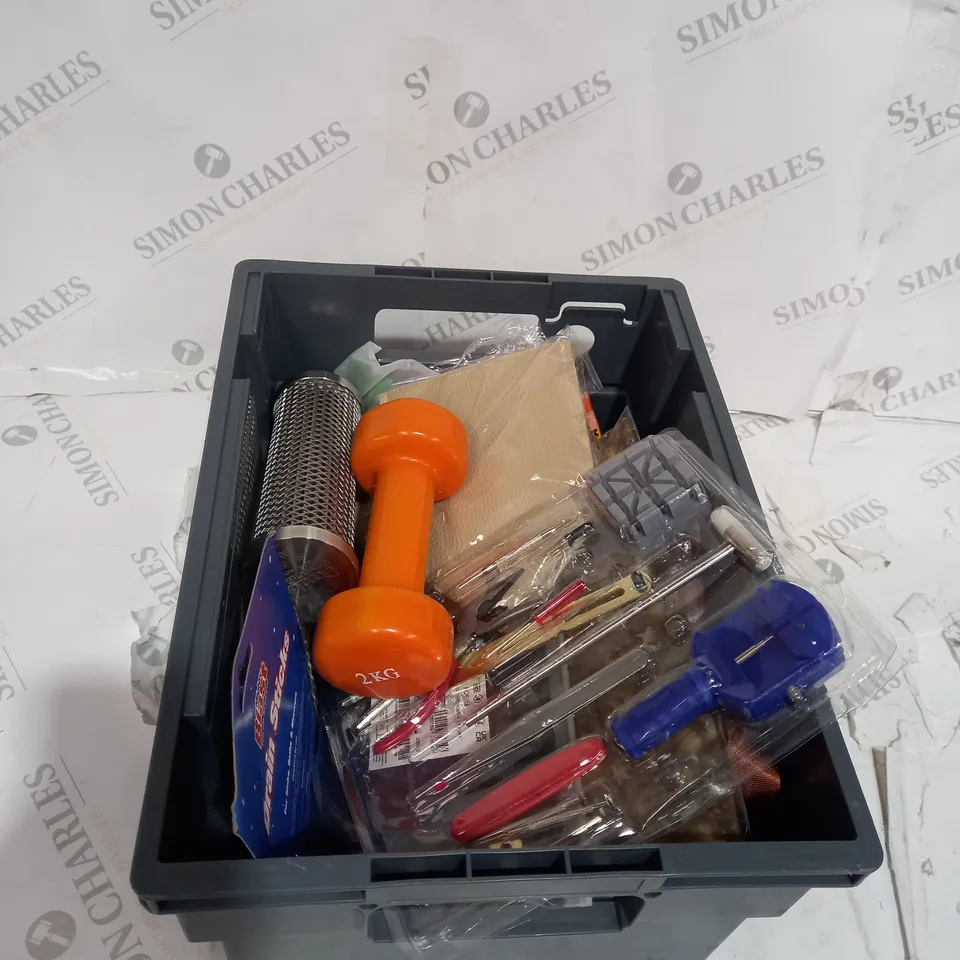 TOTE OF APPROXIMATELY 15 ASSORTED HOUSEHOLD  ITEMS TOO INCLUDE TOOL SETS , WEIGHTS AND DRAIN STICKS 