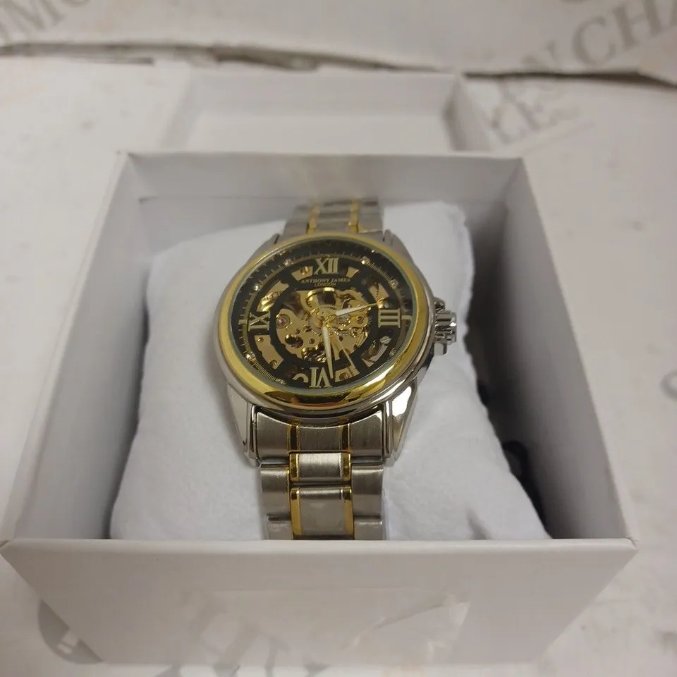 BOXED ANTHONY JAMES GENTS LIMITED EDITION SKELETON AUTOMATIC  STAINLESS STEEL WATCH - WATER RESISTANT. 