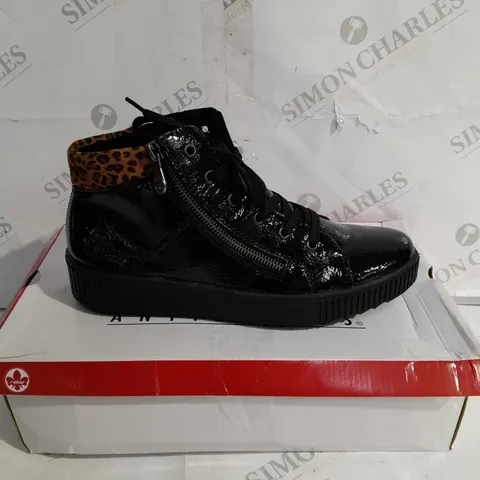 BOXED PAIR OF RIEKER HI TOP TRAINERS WITH CUFF IN BLACK UK SIZE 6.5