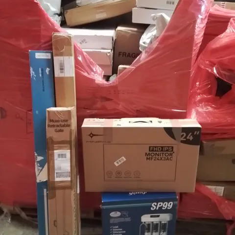 PALLET CONTAINING VARIOUS ASSORTED BOXED HOUSEHOLD ITEMS TO INCLUDE: PC MONITOR, RETRACTABLE SAFETY GATE, WATER FILTRATION, AQUARIUM LIGHT AND LOTS MORE UNMARKED BOXED ITEMS