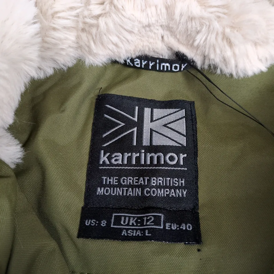 KARRIMOR PARKA JACKET WITH FAUX FUR HOOD – OLIVE GREEN, UK 12 (US 8)