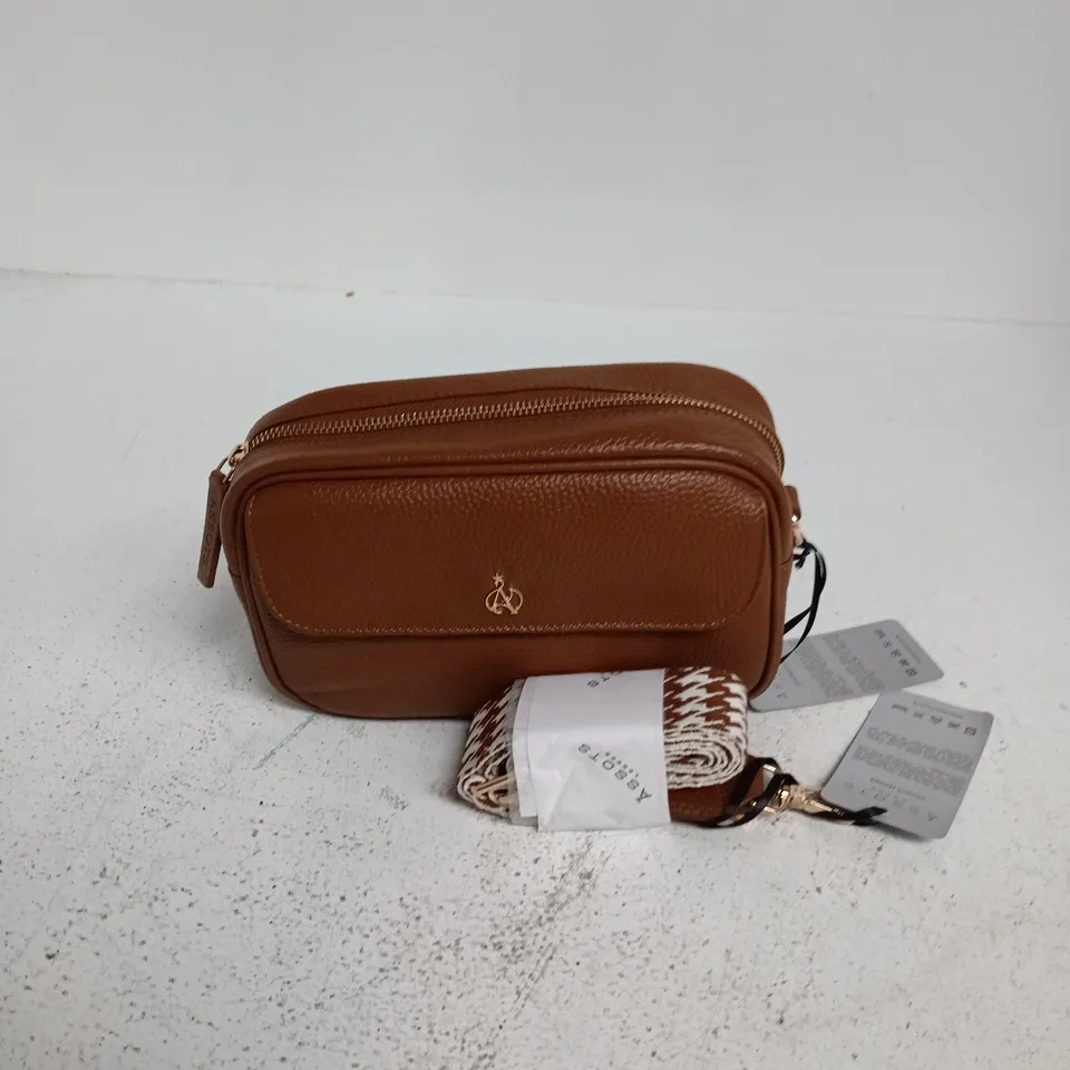 ASSOTS LONDON BROWN GENUINE LEATHER CROSSBODY BAG WITH HOUNDSTOOTH STRAP 