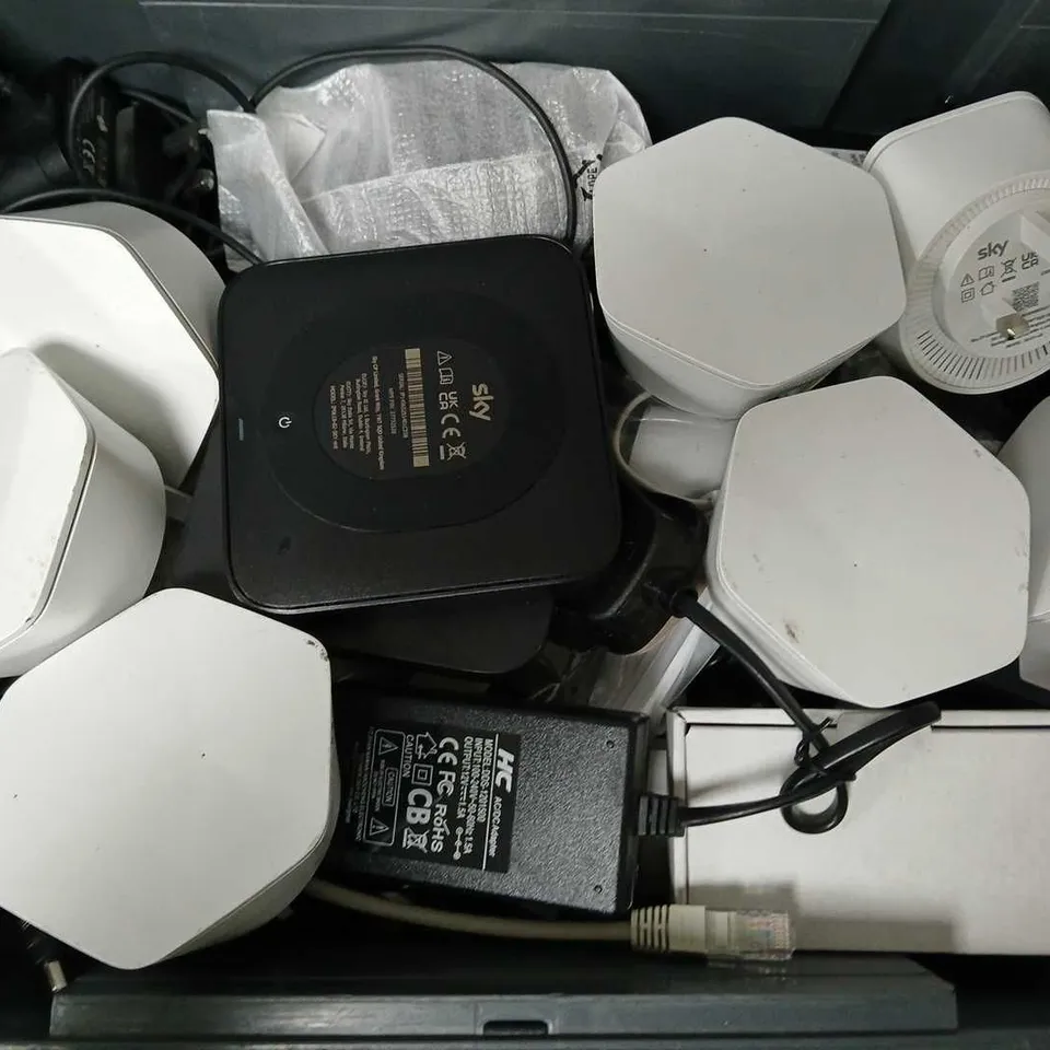 APPROXIMATELY 12 ASSORTED HOUSEHOLD ITEMS TO INCLUDE ROUTERS, CABLES, REMOTES, ETC