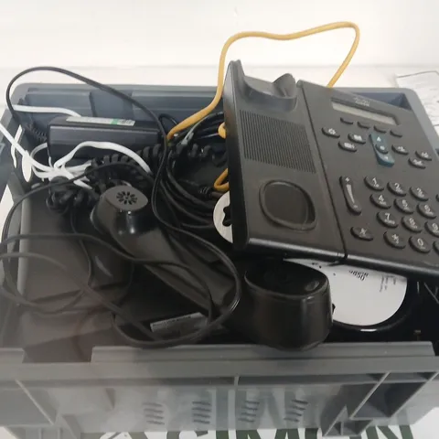 APPROXIMATELY 15 ASSORTED HOUSEHOLD PRODUCTS TO INCLUDE TELEPHONE , ASSORTED CABLES / LEADS AND BIKE LOCK