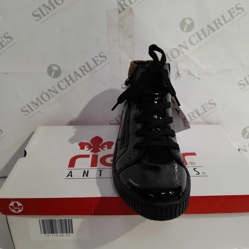 BOXED PAIR OF RIEKER BROWN HIGH TOP LEOPARD CUFF TRAINERS BLACK - SIZE 5 