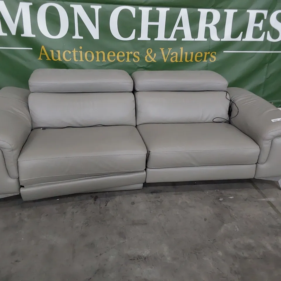QUALITY ITALIAN DESIGNER POWER RECLINING THREE SEATER SOFA WITH ADJUSTABLE HEADRESTS GREY LEATHER