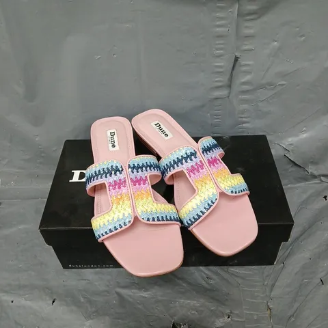 BOXED PAIR OF DUNE LONDON LOUPE SANDALS IN PINK MULTI SIZE 5