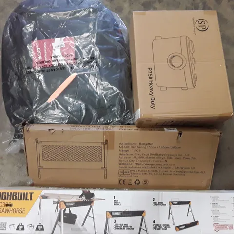 PALLET TO CONTAIN AN ASSORTMENT OF HOUSEHOLD ITEMS TO INCLUDE DOMESTIC SANITARY MACERATOR TOILET WASTE WATER PUMP, CAR SEAT COVERS KIDS BED RAIL AND TOUGH BUILT SAW HOUSE ECT