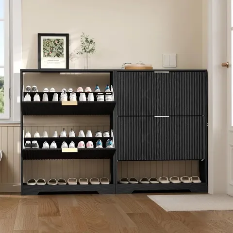 BOXED SALEDEALSGARVEE MODERN SLIM SHOE STORAGE CABINET – 2 INVERT DRAWERS, ADJUSTABLE SHELF, OPEN STORAGE - BLACK