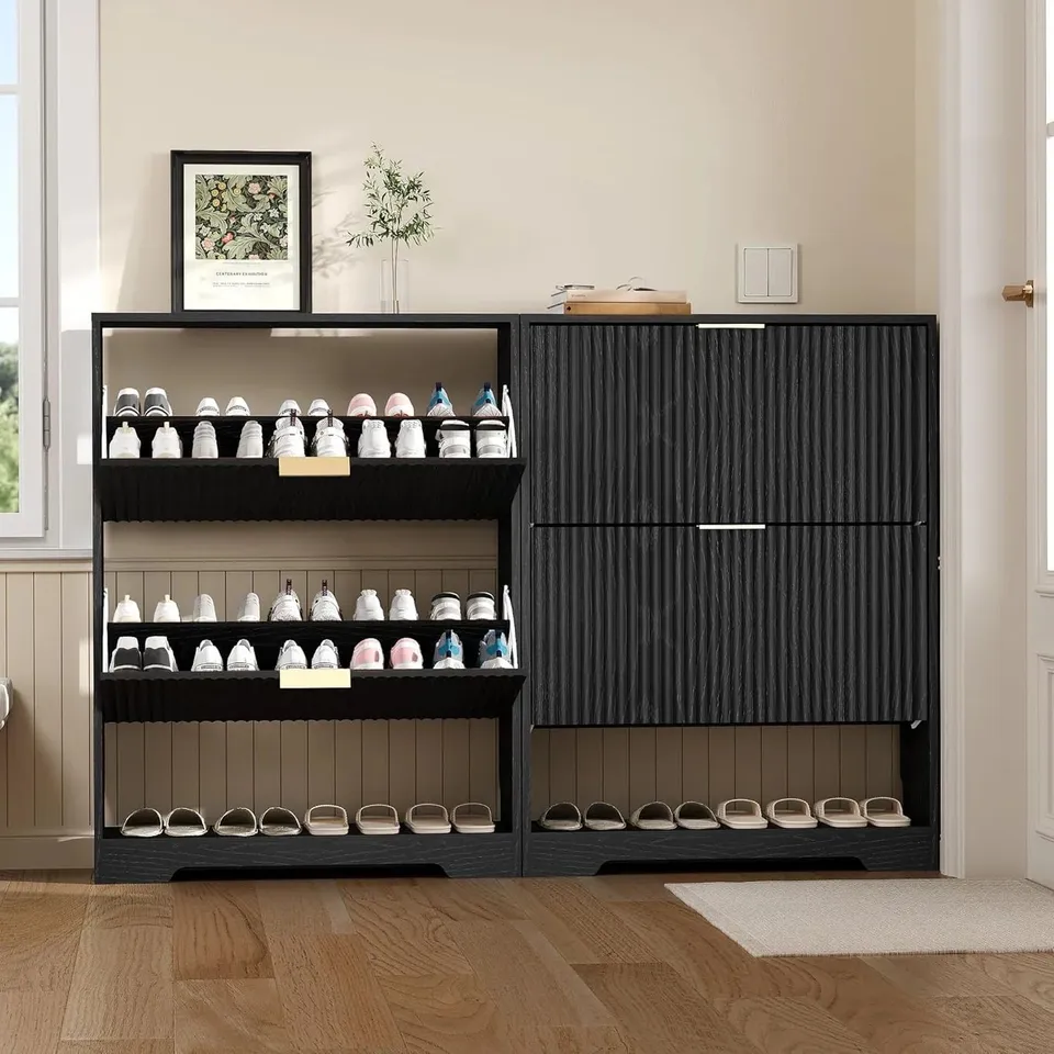 BOXED SALEDEALSGARVEE MODERN SLIM SHOE STORAGE CABINET – 2 INVERT DRAWERS, ADJUSTABLE SHELF, OPEN STORAGE - BLACK