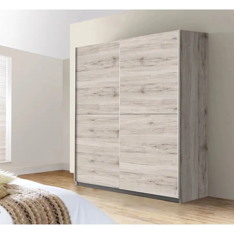 BOXED ANGLERS PARK 2 DOOR MANUFACTURED WOOD WARDROBE - SAND OAK (4 BOXES)