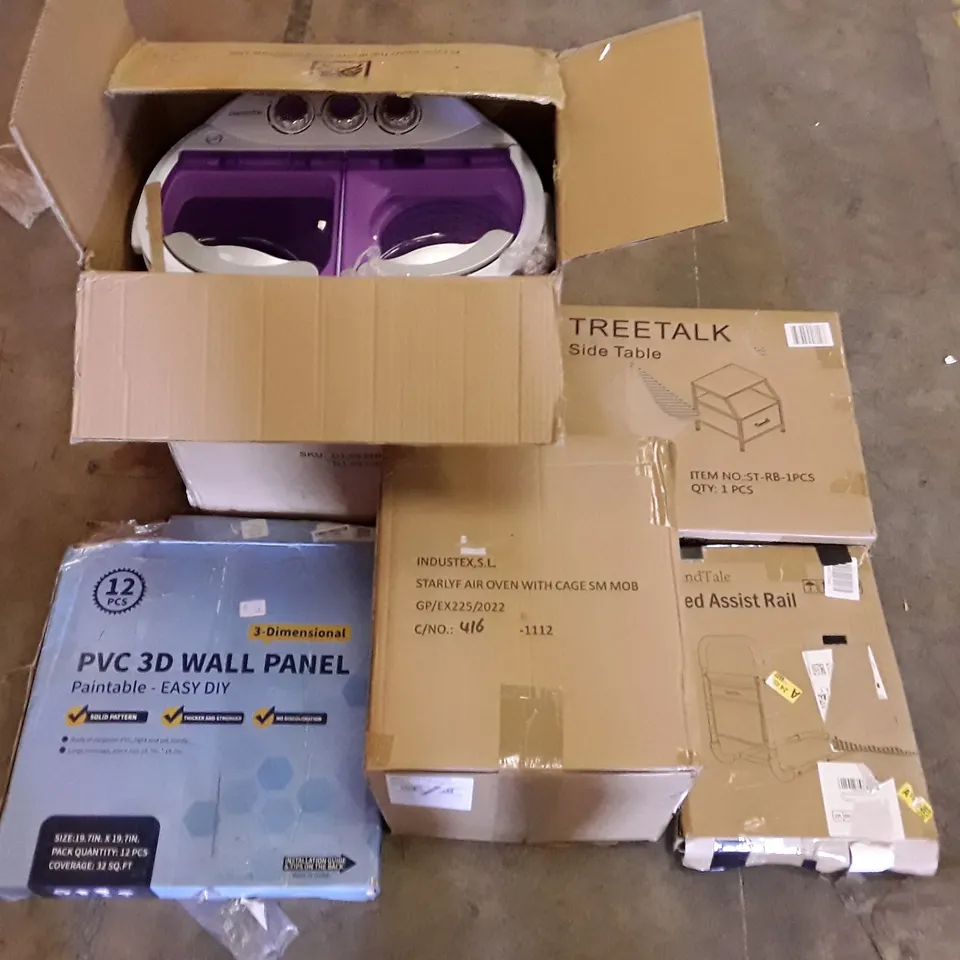 PALLET OF ASSORTED PRODUCTS INCLUDING SIDE TABLE, BED ASSIST RAIL, WASHER/DRYER, 3D WALL PANEL, AIR OVEN 