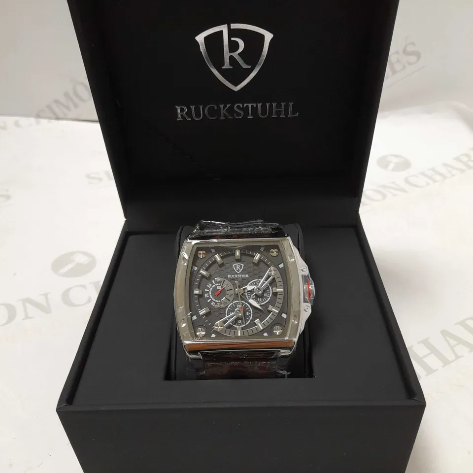 RUCKSTUHL TRIPLE DIAL BLACK LEATHER STRAP WRISTWATCH