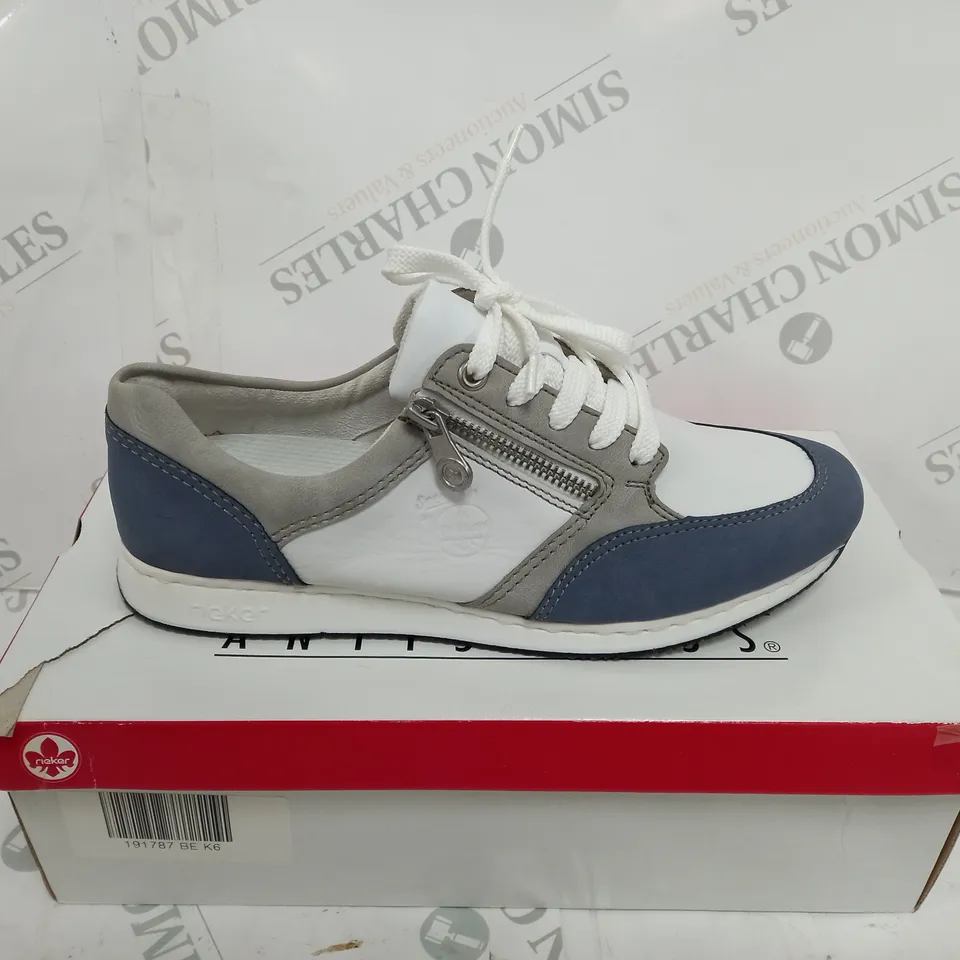 BOXED PAIR OF RIEKER SNEAKERS WITH REMOVABLE INSOLE COMBINATION BLUE UK SIZE 6