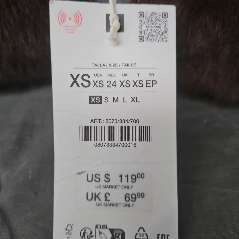 ZARA BROWN FAUX FUR COAT WITH GREY HOODIE INSERT SIZE XS