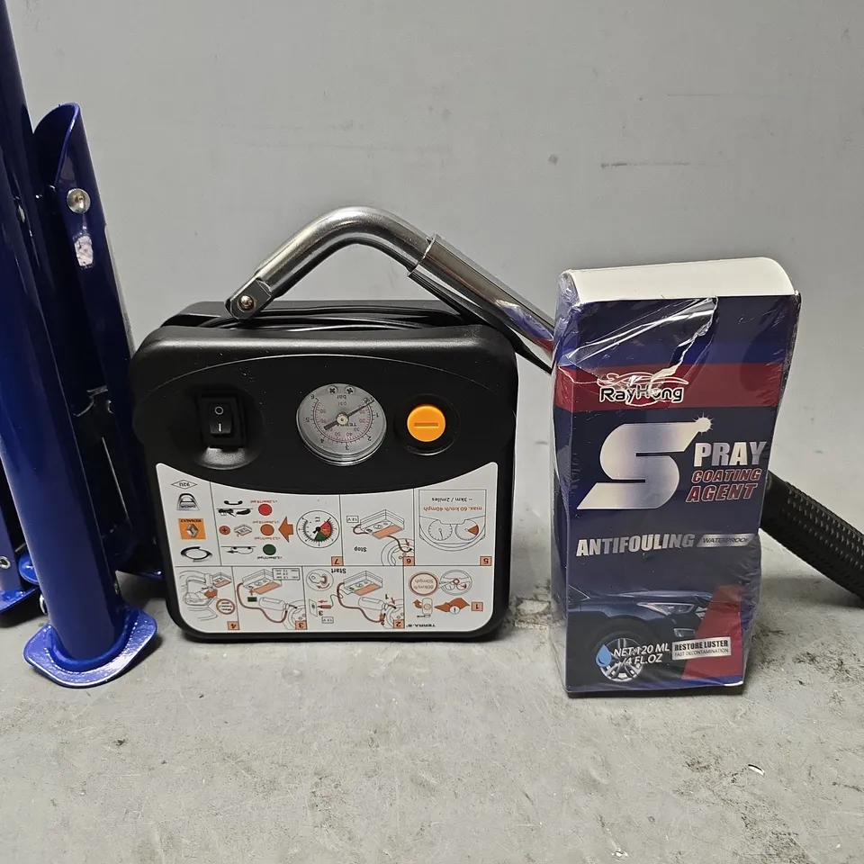 APPROXIMATELY 7 ASSORTED ITEMS TO INCLUDE - SPRAY COATING AGENT  , TELESCOPIC WHEEL WRENCH , AIR COMPRESSOR ETC