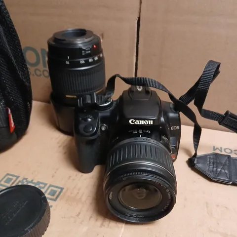 CANON EOS DSLR WITH 18-55MM KIT LENS AND TAMRON 70-300MM LENS β INCLUDES CAPS, HOODS AND CARRY BAG