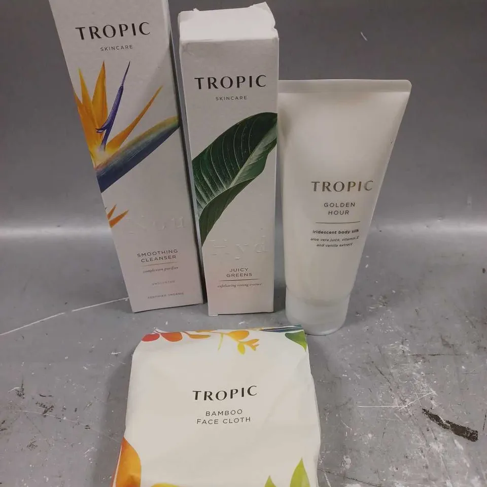 TROPIC LOT OF 4 COSMETIC PRODUCTS TO INCLUDE - JUICY GREENS EXFOLIATING TONIC - SMOOTHING CLEANSER - BAMBOO FACE CLOTH - ETC