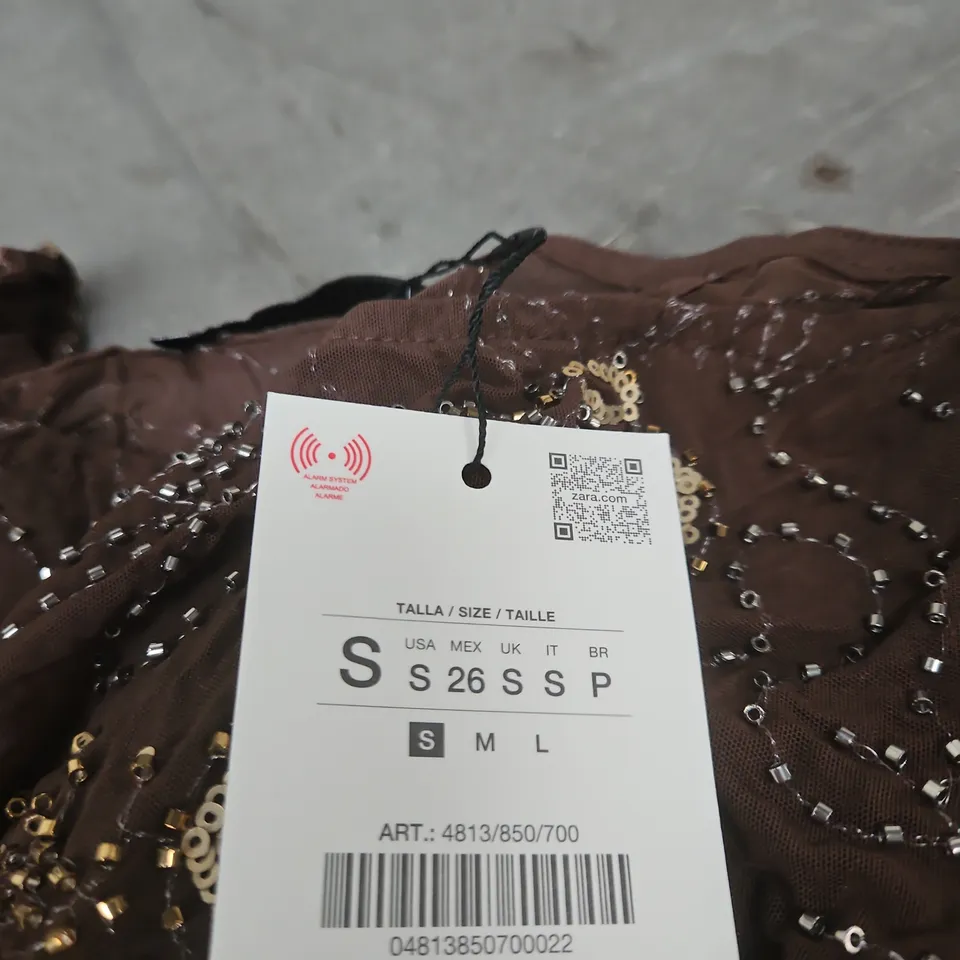 ZARA BROWN SEQUIN-EMBELLISHED TOP – SIZE S