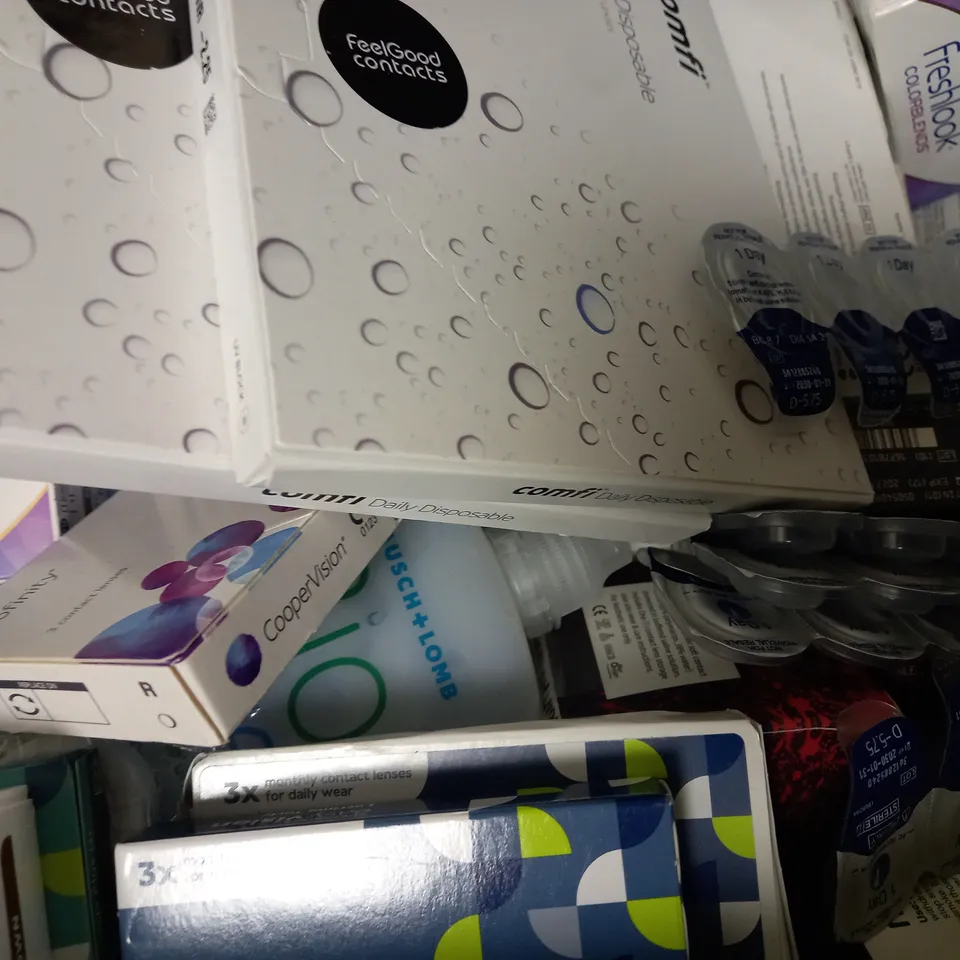 BOX OF APPROX 25 ASSORTED CONTACT LENSES AND CONTACT LENSE SOLUTIONS