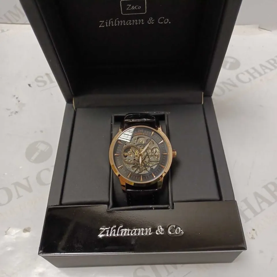 ZIHLMANN & CO GOLD EFFECT SKELETON BLACK LEATHER STRAP WRISTWATCH