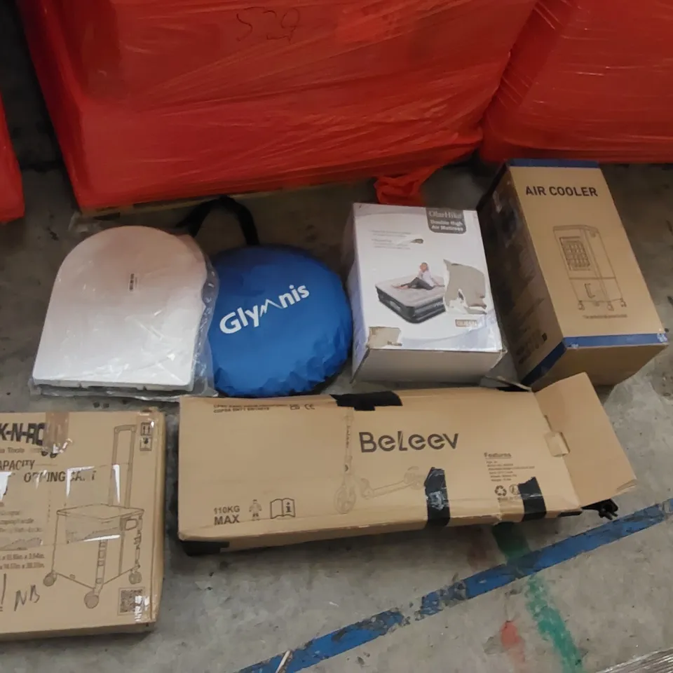 PALLET CONTAINING ASSORTED HOUSEHOLD PRODUCTS. INCLUDES SCOOTER, FOLDABLE CART, TOILET SEAT, AIR COOLER, AIR MATTRESS ETC 