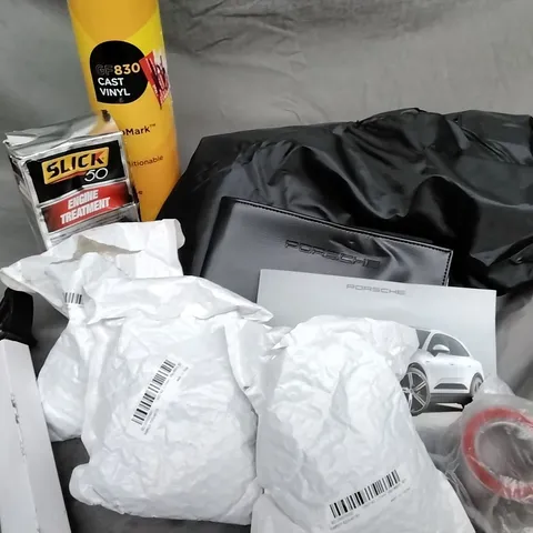 APPROXIMATELY 8 ASSORTED ITEMS TO INCLUDE WHEEL NUTS 20-PIECE, SLICK 50 ENGINE TREATMENT, PORSCHE MACAN DRIVER'S MANUAL, GF830 CAST VINYL